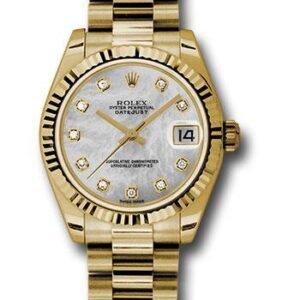Rolex Yellow Gold Datejust 31 Watch - Fluted Bezel - Mother-Of-Pearl Diamond Dial - President Bracelet - 178278 mdp