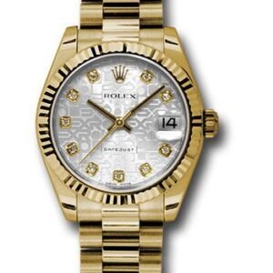 Rolex Yellow Gold Datejust 31 Watch - Fluted Bezel - Silver Jubilee Diamond Dial - President Bracelet - 178278 sjdp