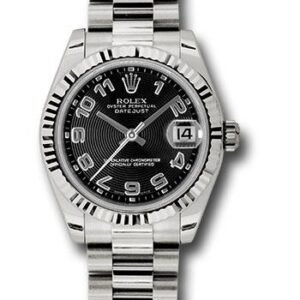 Rolex White Gold Datejust 31 Watch - Fluted Bezel - Black Concentric Circles Arabic Dial - President Bracelet - 178279 bkcap