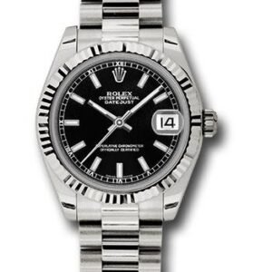 Rolex White Gold Datejust 31 Watch - Fluted Bezel - Black Index Dial - President Bracelet - 178279 bkip