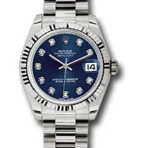 Rolex White Gold Datejust 31 Watch - Fluted Bezel - Blue Diamond Dial - President Bracelet - 178279 bldp