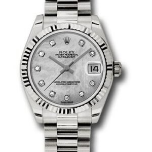 Rolex White Gold Datejust 31 Watch - Fluted Bezel - Mother-Of-Pearl Diamond Dial - President Bracelet - 178279 mdp