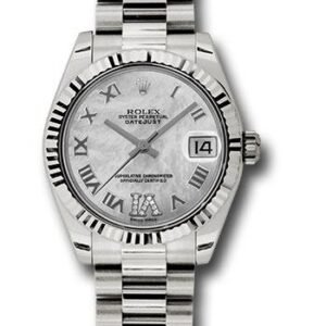 Rolex White Gold Datejust 31 Watch - Fluted Bezel - Mother-Of-Pearl Diamond Roman Vi Roman Dial - President Bracelet - 178279 mdrp