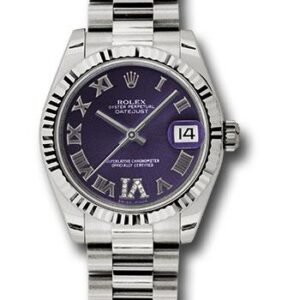 Rolex White Gold Datejust 31 Watch - Fluted Bezel - Purple Diamond Roman Vi Roman Dial - President Bracelet - 178279 pdrp