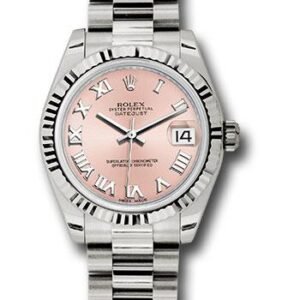 Rolex White Gold Datejust 31 Watch - Fluted Bezel - Pink Roman Dial - President Bracelet - 178279 prp