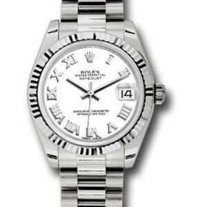 Rolex White Gold Datejust 31 Watch - Fluted Bezel - White Roman Dial - President Bracelet - 178279 wrp