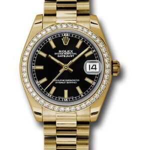 Rolex Yellow Gold Datejust 31 Watch - 48 Diamond Bezel - Black Index Dial - President Bracelet - 178288 bkip