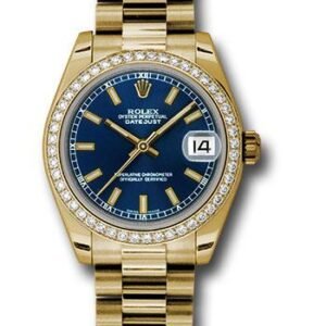 Rolex Yellow Gold Datejust 31 Watch - 48 Diamond Bezel - Blue Index Dial - President Bracelet - 178288 blip