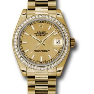 Rolex Yellow Gold Datejust 31 Watch - 48 Diamond Bezel - Champagne Index Dial - President Bracelet - 178288 chip