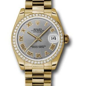 Rolex Yellow Gold Datejust 31 Watch - 48 Diamond Bezel - Gray Roman Dial - President Bracelet - 178288 grp