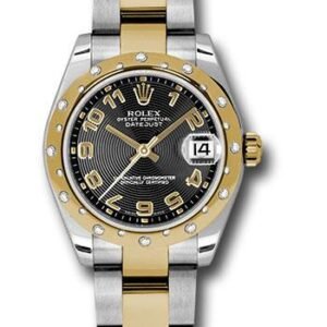 Rolex Steel and Yellow Gold Datejust 31 Watch - 24 Diamond Bezel - Black Concentric Circle Arabic Dial - Oyster Bracelet - 178343 bkcao