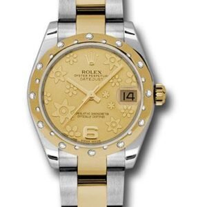 Rolex Steel and Yellow Gold Datejust 31 Watch - 24 Diamond Bezel - Champagne Floral Motif Dial - Oyster Bracelet - 178343 chfo