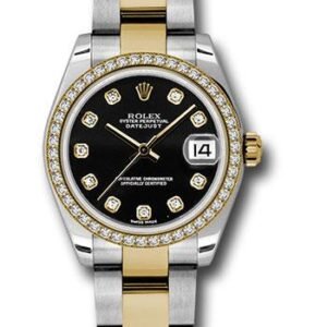 Rolex Steel and Yellow Gold Datejust 31 Watch - 46 Diamond Bezel - Black Diamond Dial - Oyster Bracelet - 178383 bkdo