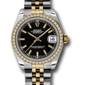 Rolex Steel and Yellow Gold Datejust 31 Watch - 46 Diamond Bezel - Black Index Dial - Jubilee Bracelet - 178383 bkij