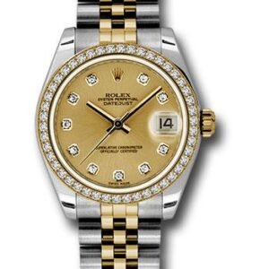 Rolex Steel and Yellow Gold Datejust 31 Watch - 46 Diamond Bezel - Champagne Diamond Dial - Jubilee Bracelet - 178383 chdj