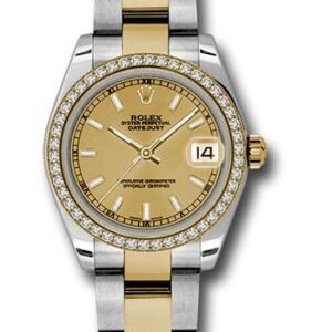 Rolex Steel and Yellow Gold Datejust 31 Watch - 46 Diamond Bezel - Champagne Index Dial - Oyster Bracelet - 178383 chio