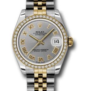 Rolex Steel and Yellow Gold Datejust 31 Watch - 46 Diamond Bezel - Grey Roman Dial - Jubilee Bracelet - 178383 grj