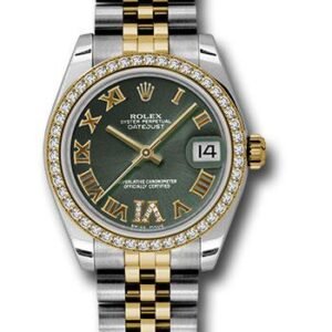 Rolex Steel and Yellow Gold Datejust 31 Watch - 46 Diamond Bezel - Olive Green Diamond Roman Vi Roman Dial - Jubilee Bracelet - 178383 ogdrj