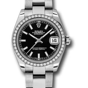Rolex Steel and White Gold Datejust 31 Watch - 46 Diamond Bezel - Black Index Dial - Oyster Bracelet - 178384 bkio