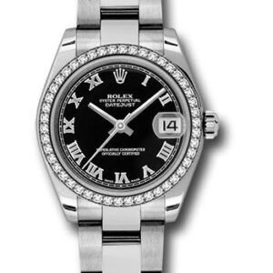 Rolex Steel and White Gold Datejust 31 Watch - 46 Diamond Bezel - Black Roman Dial - Oyster Bracelet - 178384 bkro