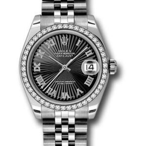 Rolex Steel and White Gold Datejust 31 Watch - 46 Diamond Bezel - Black Sunbeam Roman Dial - Jubilee Bracelet - 178384 bksbrj