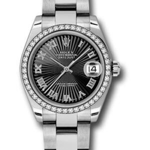 Rolex Steel and White Gold Datejust 31 Watch - 46 Diamond Bezel - Black Sunbeam Roman Dial - Oyster Bracelet - 178384 bksbro