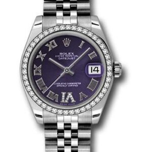 Rolex Steel and White Gold Datejust 31 Watch - 46 Diamond Bezel - Purple Diamond Roman Vi Roman Dial - Jubilee Bracelet - 178384 pdrj