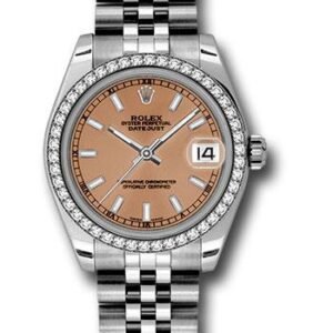 Rolex Steel and White Gold Datejust 31 Watch - 46 Diamond Bezel - Pink Index Dial - Jubilee Bracelet - 178384 pij