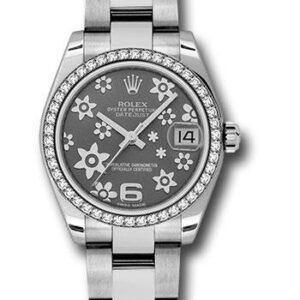 Rolex Steel and White Gold Datejust 31 Watch - 46 Diamond Bezel - Dark Rhodium Floral Motif Arabic 6 Dial - Oyster Bracelet - 178384 rfo