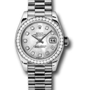 Rolex Platinum Lady-Datejust 26 Watch - 42 Diamond Bezel - Mother-Of-Pearl Diamond Dial - President Bracelet - 179136 mdp