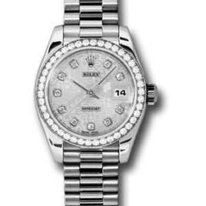 Rolex Platinum Lady-Datejust 26 Watch - 42 Diamond Bezel - Silver Jubilee Diamond Dial - President Bracelet - 179136 sjdp