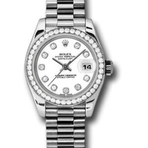 Rolex Platinum Lady-Datejust 26 Watch - 42 Diamond Bezel - White Diamond Dial - President Bracelet - 179136 wdp