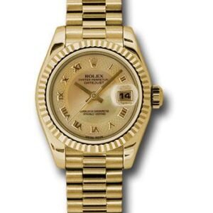 Rolex Yellow Gold Lady-Datejust 26 Watch - Fluted Bezel - Champagne Decorated Mother-Of-Pearl Roman Dial - President Bracelet - 179178 chmdrp
