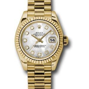 Rolex Yellow Gold Lady-Datejust 26 Watch - Fluted Bezel - Mother-Of-Pearl Diamond Dial - President Bracelet - 179178 mdp