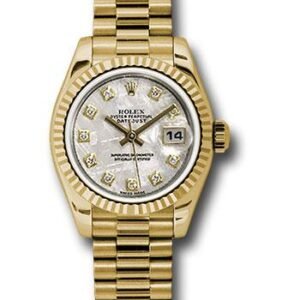 Rolex Yellow Gold Lady-Datejust 26 Watch - Fluted Bezel - Meteorite Diamond Dial - President Bracelet - 179178 mtdp