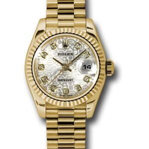 Rolex Yellow Gold Lady-Datejust 26 Watch - Fluted Bezel - Silver Jubilee Diamond Dial - President Bracelet - 179178 sjdp
