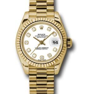 Rolex Yellow Gold Lady-Datejust 26 Watch - Fluted Bezel - White Diamond Dial - President Bracelet - 179178 wdp