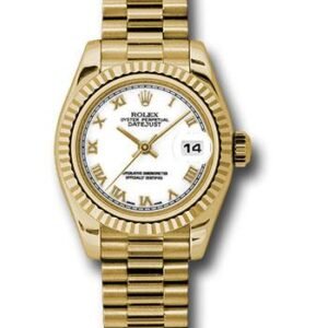 Rolex Yellow Gold Lady-Datejust 26 Watch - Fluted Bezel - White Roman Dial - President Bracelet - 179178 wrp