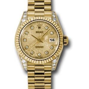 Rolex Yellow Gold Lady-Datejust 26 Watch - Fluted Bezel - Champagne Jubilee Diamond Dial - President Bracelet - 179238 chjdp