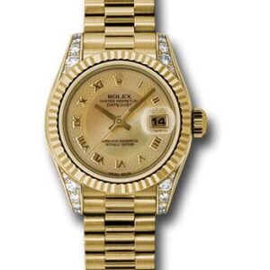Rolex Yellow Gold Lady-Datejust 26 Watch - Fluted Bezel - Champagne Decorated Mother-Of-Pearl Roman Dial - President Bracelet - 179238 chmdrp