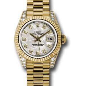 Rolex Yellow Gold Lady-Datejust 26 Watch - Fluted Bezel - Meteorite Diamond Dial - President Bracelet - 179238 mtdp