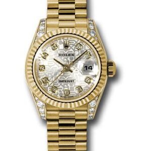 Rolex Yellow Gold Lady-Datejust 26 Watch - Fluted Bezel - Silver Jubilee Diamond Dial - President Bracelet - 179238 sjdp