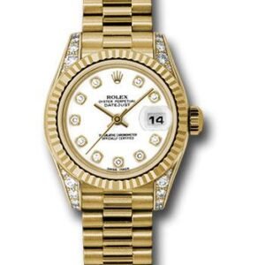 Rolex Yellow Gold Lady-Datejust 26 Watch - Fluted Bezel - White Diamond Dial - President Bracelet - 179238 wdp