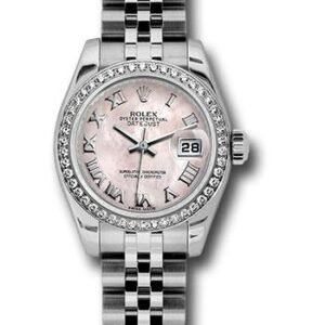 Rolex Steel and White Gold Lady Datejust 26 Watch - 46 Diamond Bezel - Pink Mother-Of-Pearl Roman Dial - Jubilee Bracelet - 179384 pmrj