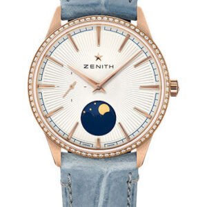 Zenith Elite Moonphase Watch - Rose Gold - Diamond Bezel - Silver Dial - Blue Jean Alligator Strap - 22.3200.692/01.C832