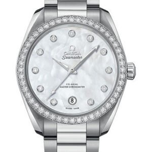 Omega Seamaster Aqua Terra 150M Co-Axial Master Chronometer Ladies Watch - 38 mm Steel Case - Diamond-Set Bezel - White Mother-Of-Pearl Diamond Dial - 220.15.38.20.55.001