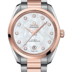 Omega Seamaster Aqua Terra 150M Co-Axial Master Chronometer Ladies Watch - 38 mm Steel And Sedna Gold Case - White Mother-Of-Pearl Diamond Dial - 220.20.38.20.55.001