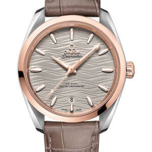 Omega Seamaster Aqua Terra 150M Co-Axial Master Chronometer Ladies Watch - 38 mm Steel And Sedna Gold Case - Waved Agate Grey Dial - Taupe-Brown Leather Strap - 220.23.38.20.06.001