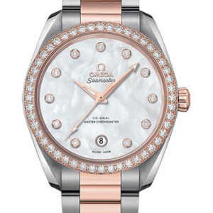 Omega Seamaster Aqua Terra 150M Co-Axial Master Chronometer Ladies Watch - 38 mm Steel And Sedna Gold Case - White Mother-Of-Pearl Diamond Dial - 220.25.38.20.55.001