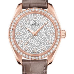 Omega Seamaster Aqua Terra 150M Co-Axial Master Chronometer Watch - 34 mm Sedna Gold Case - Diamond-Set Bezel - Radiant Diamond Dial - Taupe-Brown Leather Strap - 220.58.34.20.99.003